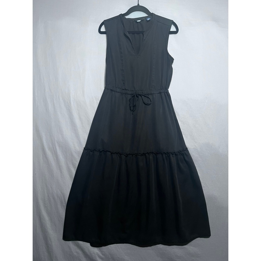 Lands End Womens Black Sleeveless Tiered Midi Dress Split V-Neck Size M